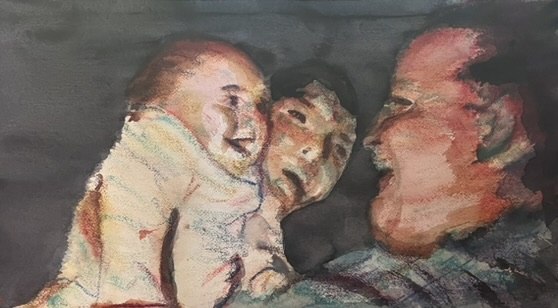 Watercolor portrait of three people sharing an animated moment.