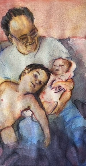 Watercolor portrait of a seated adult with two children.